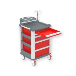COMPACT KART CARRELLO MULTIFUNZIONE PER EMERGENZA CON ASTA PORTABOMBOLA E VASSOIO PORTADEFIBRILLATORE - ROSSO