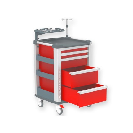 COMPACT KART CARRELLO MULTIFUNZIONE PER EMERGENZA CON ASTA PORTABOMBOLA E VASSOIO PORTADEFIBRILLATORE - ROSSO