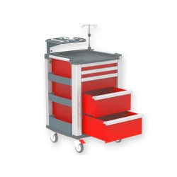 COMPACT KART CARRELLO MULTIFUNZIONE PER EMERGENZA CON ASTA PORTABOMBOLA E VASSOIO PORTADEFIBRILLATORE - ROSSO