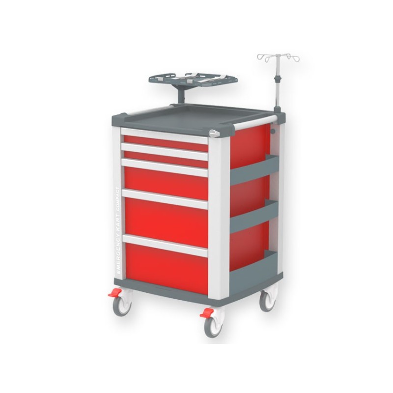 COMPACT KART CARRELLO MULTIFUNZIONE PER EMERGENZA CON ASTA PORTABOMBOLA E VASSOIO PORTADEFIBRILLATORE - ROSSO