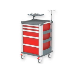 COMPACT KART CARRELLO MULTIFUNZIONE PER EMERGENZA CON ASTA PORTABOMBOLA E VASSOIO PORTADEFIBRILLATORE - ROSSO