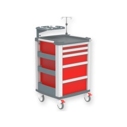 COMPACT KART CARRELLO MULTIFUNZIONE PER EMERGENZA CON ASTA PORTABOMBOLA E VASSOIO PORTADEFIBRILLATORE - ROSSO