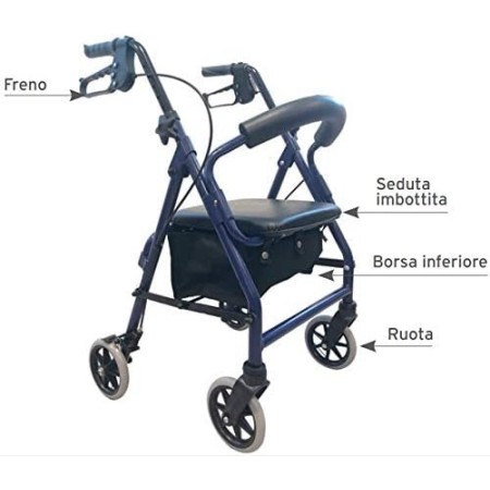 MORETTI ROLLATOR PIEGHEVOLE IN ALLUMINIO VERNICIATO – 4 RUOTE – CON SEDUTA IMBOTTITA – ATLANTE MINI