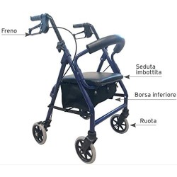 MORETTI ROLLATOR PIEGHEVOLE IN ALLUMINIO VERNICIATO – 4 RUOTE – CON SEDUTA IMBOTTITA – ATLANTE MINI