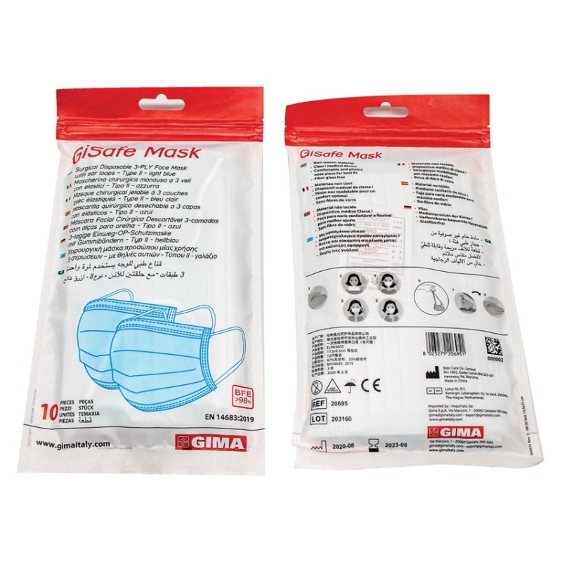 GIMA  GISAFE MASCHERINA CHIRURGICA FILTRANTE 98% 3 VELI TIPO II CON ELASTICI - ADULTI - AZZURRA O ROSA - FLOWPACK DA 10 PEZZI