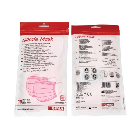 GIMA  GISAFE MASCHERINA CHIRURGICA FILTRANTE 98% 3 VELI TIPO II CON ELASTICI - ADULTI - AZZURRA O ROSA - FLOWPACK DA 10 PEZZI