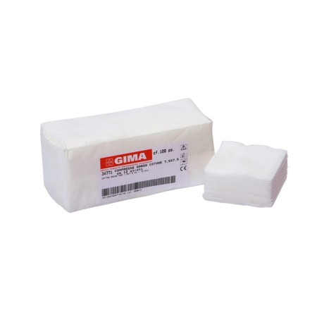 GIMA COMPRESSA DI GARZA TAGLIATA IN COTONE 7,5 x 7,5 CM - 12 STRATI NON STERILE (CONF. 100 PZ.)